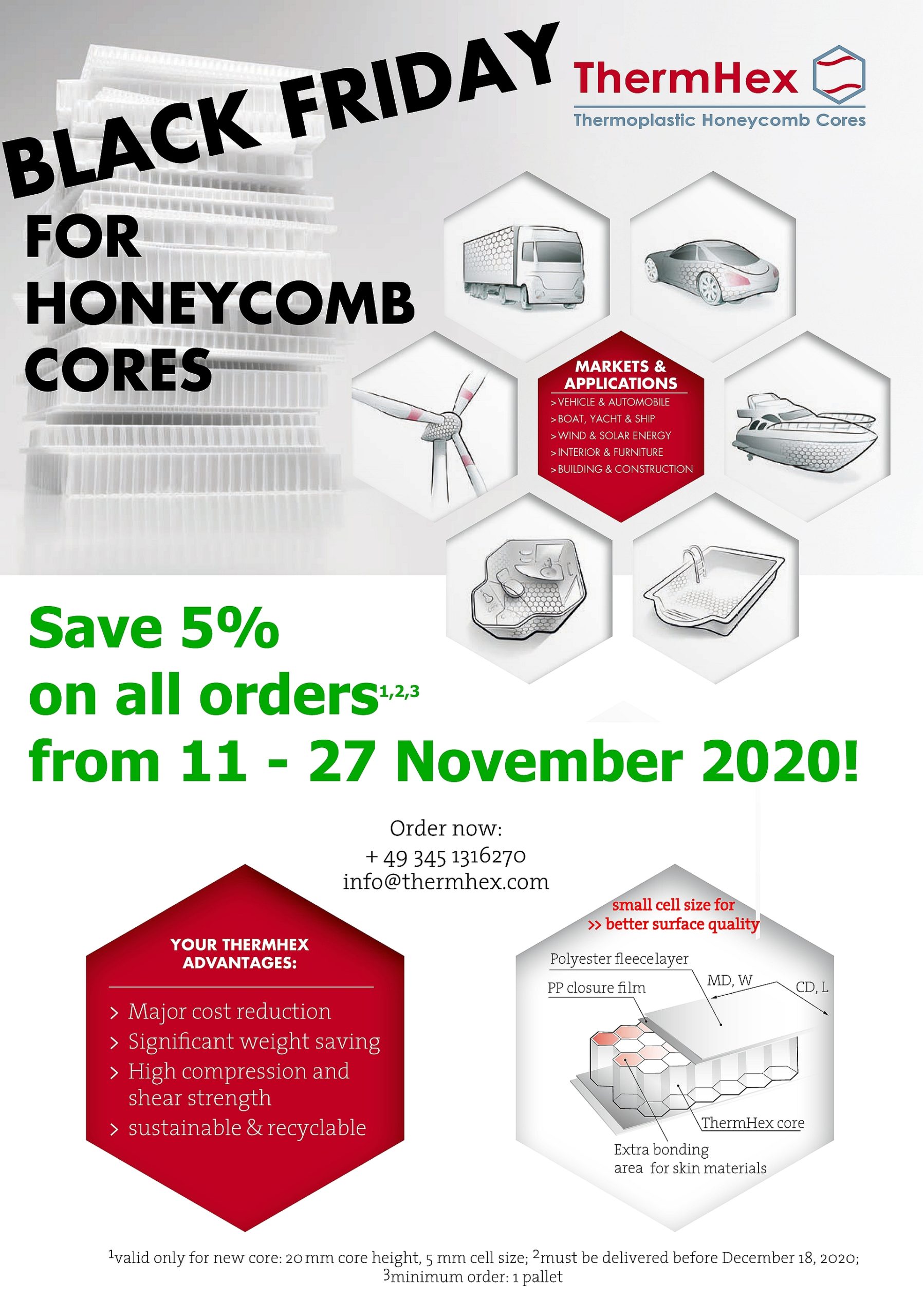 Black friday for honeycomb cores, save 5% on all orders for our new product with 20mm core height and 5mm cell size, only valid between November 11 and 27, several conditions apply