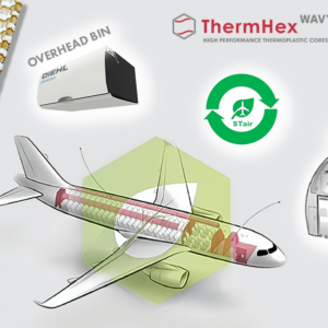 STair Project Picture: Aircraft with interior applications: Overhead Bin and Galley out of PEI honeycomb sandwich core panel from ThermHex, produced by DIEHL Aviation in a project with Fraunhofer IMWS and Ensinger