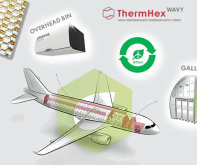 STair Project Picture: Aircraft with interior applications: Overhead Bin and Galley out of PEI honeycomb sandwich core panel from ThermHex, produced by DIEHL Aviation in a project with Fraunhofer IMWS and Ensinger